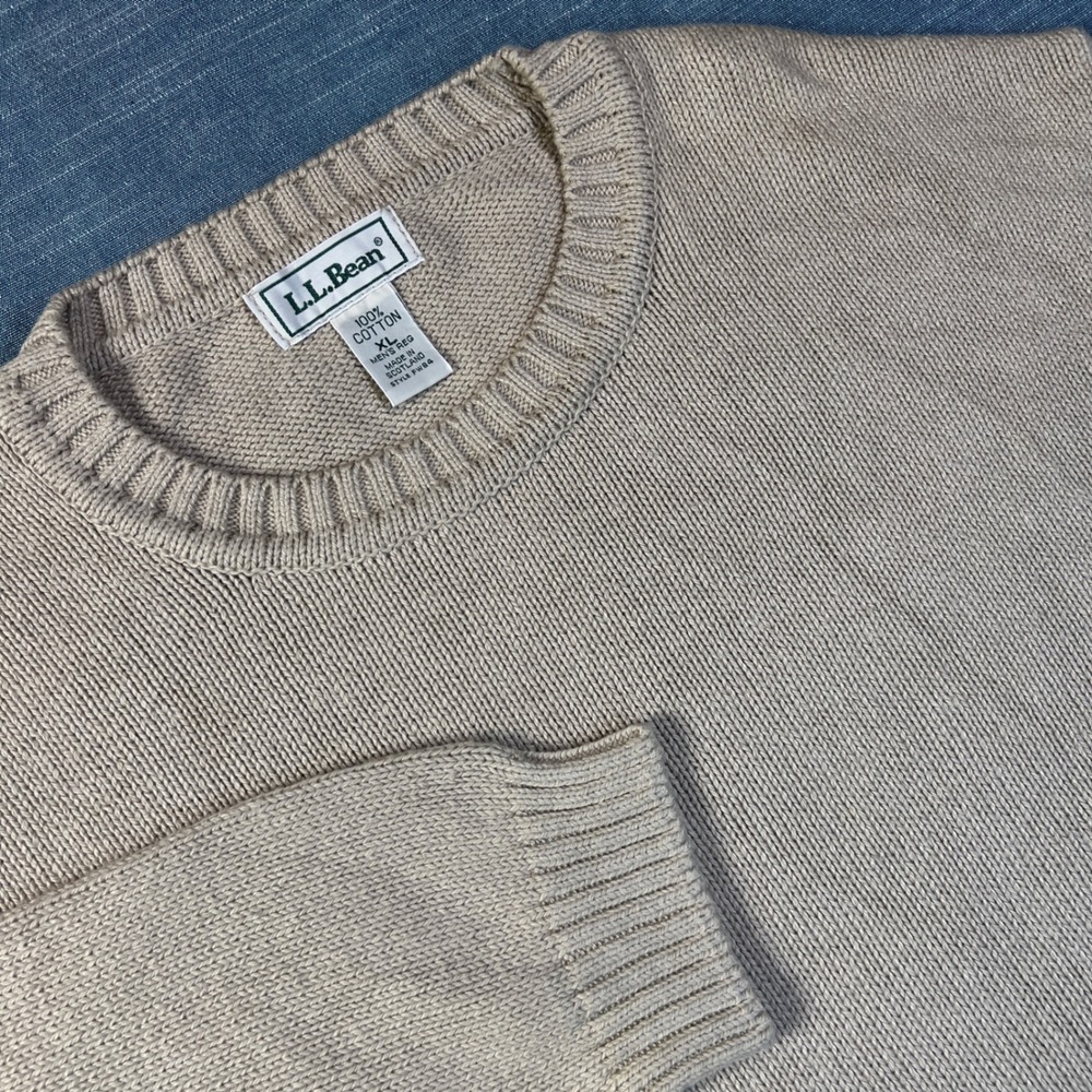 Vintage LL Bean Mens XL Cotton Crew Sweater Beige Made in Scotland FW84 Ribbed